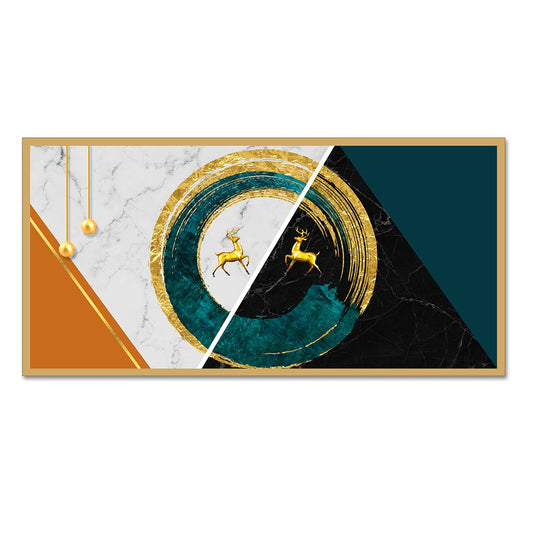 DEKORSTATION Luxury Golden Deer Abstract Circle Canvas Wall Painting Modern Marble Geometric Wall Art Decor For Living Room | Bedroom | Office | Drawing room