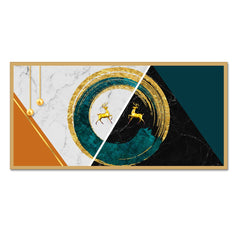 DEKORSTATION Luxury Golden Deer Abstract Circle Canvas Wall Painting Modern Marble Geometric Wall Art Decor For Living Room | Bedroom | Office | Drawing room
