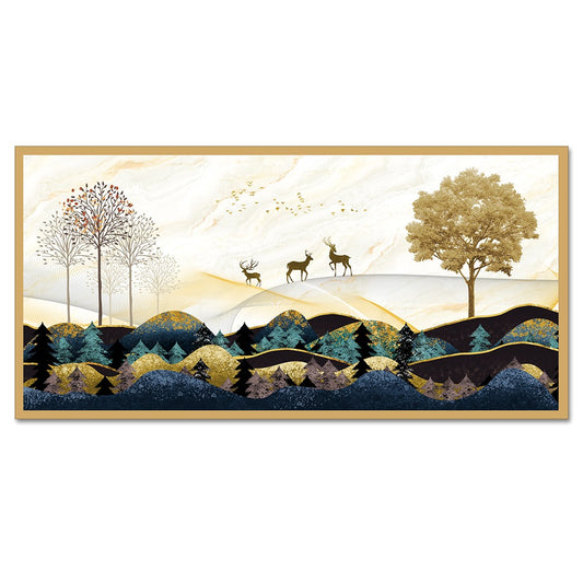 DEKORSTATION Vastu Deer Landscape Canvas Painting for Peace & Prosperity | Golden Mountain Forest Canvas Wall Art for Living Room | Bedroom | Office | Drawing room
