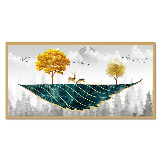 DEKORSTATION Abstract Nature Canvas Wall Painting with Deer Trees Birds Gold Teal Canvas Painting Home Decoration for Living Room | Bedroom | Office | Drawing room
