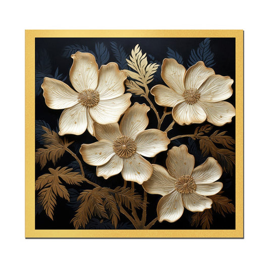 DEKORSTATION Luxury Golden Floral Canvas Wall Painting | Elegant Black Background Flower Wall Art Decor For Living Room | Bedroom | Office | Drawing room
