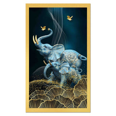 DEKORSTATION Royal Blue Elephant Family Canvas Wall Painting | Luxury Abstract Elephant with Gold Floral Art Decor For Living Room | Bedroom | Office | Drawing room