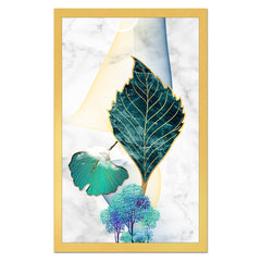 DEKORSTATION Abstract Teal Leaf Canvas Painting with Gold Foil Effect | Modern Wall Art for Living Room Bedroom Office | Marble Texture Background Home Decor