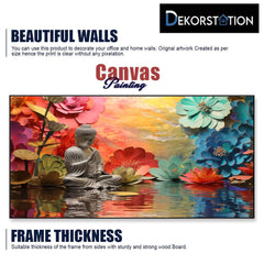 Meditating buddha statue sitting on lake with multicolor flower canvas painting