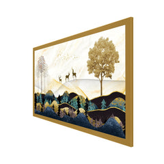 DEKORSTATION Vastu Deer Landscape Canvas Painting for Peace & Prosperity | Golden Mountain Forest Canvas Wall Art for Living Room | Bedroom | Office | Drawing room