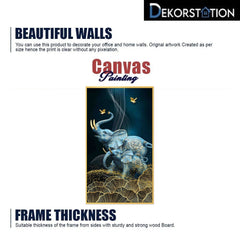 DEKORSTATION Royal Blue Elephant Family Canvas Wall Painting | Luxury Abstract Elephant with Gold Floral Art Decor For Living Room | Bedroom | Office | Drawing room