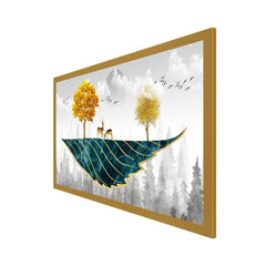 DEKORSTATION Abstract Nature Canvas Wall Painting with Deer Trees Birds Gold Teal Canvas Painting Home Decoration for Living Room | Bedroom | Office | Drawing room