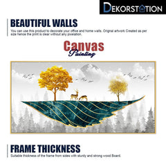 DEKORSTATION Abstract Nature Canvas Wall Painting with Deer Trees Birds Gold Teal Canvas Painting Home Decoration for Living Room | Bedroom | Office | Drawing room