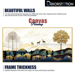 DEKORSTATION Vastu Deer Landscape Canvas Painting for Peace & Prosperity | Golden Mountain Forest Canvas Wall Art for Living Room | Bedroom | Office | Drawing room