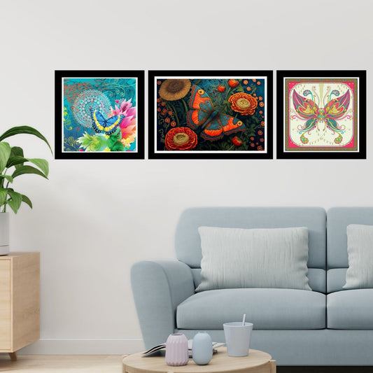 Set of 3 Butterfly Modern Art Black Frame Art Print / Painting / Poster for Wall Decoration