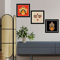 Set of 3 Maa Durga Religious Black Frame Art Print Combo Painting for Wall Decoration / Paintings for Home, Mandir and Office Décor