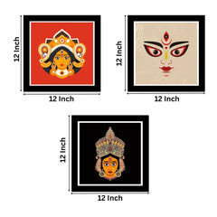 Set of 3 Maa Durga Religious Black Frame Art Print Combo Painting for Wall Decoration / Paintings for Home, Mandir and Office Décor