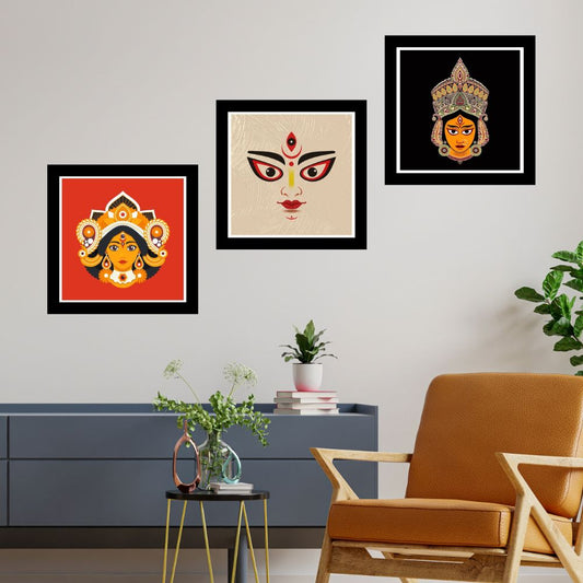 Set of 3 Maa Durga Religious Black Frame Art Print Combo Painting for Wall Decoration / Paintings for Home, Mandir and Office Décor