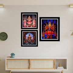 Set of 3 Image of Maa Durga Idol / Durga Puja Religious Black Frame Art Print Combo Painting for Wall Decoration