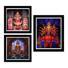 Set of 3 Image of Maa Durga Idol / Durga Puja Religious Black Frame Art Print Combo Painting for Wall Decoration