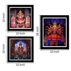 Set of 3 Image of Maa Durga Idol / Durga Puja Religious Black Frame Art Print Combo Painting for Wall Decoration