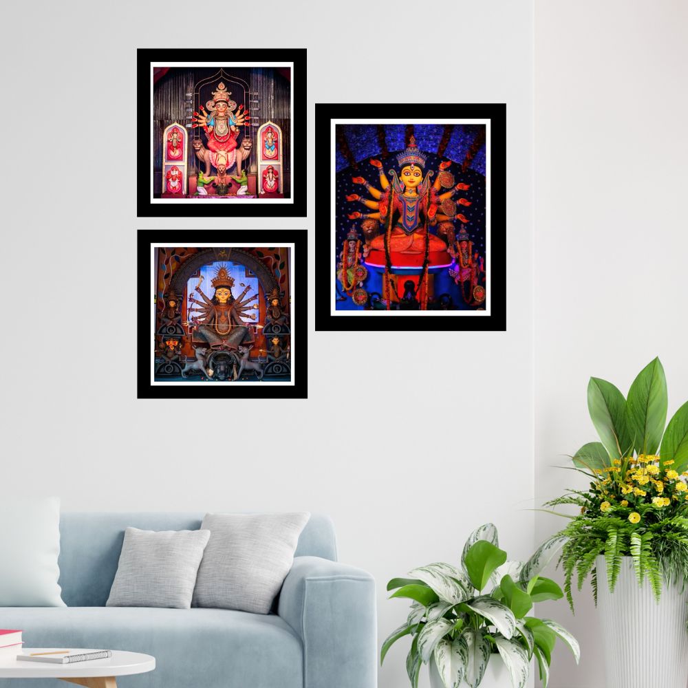 Set of 3 Image of Maa Durga Idol / Durga Puja Religious Black Frame Art Print Combo Painting for Wall Decoration