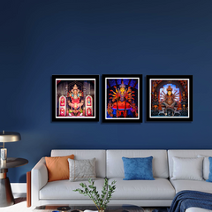 Set of 3 Image of Maa Durga Idol / Durga Puja Religious Black Frame Art Print Combo Painting for Wall Decoration