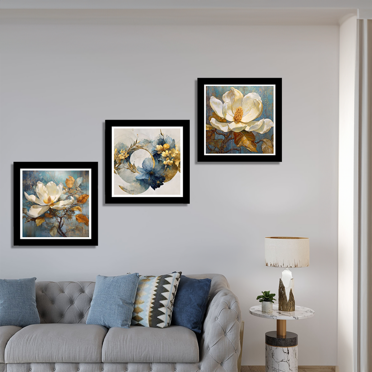 Set of 3 Golden Floral Theme Black Frame Art Print / Painting for Wall Decoration