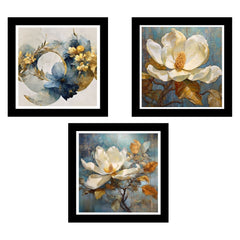 Set of 3 Golden Floral Theme Black Frame Art Print / Painting for Wall Decoration