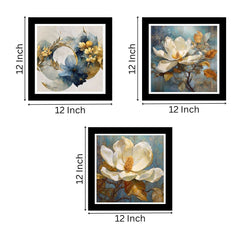 Set of 3 Golden Floral Theme Black Frame Art Print / Painting for Wall Decoration