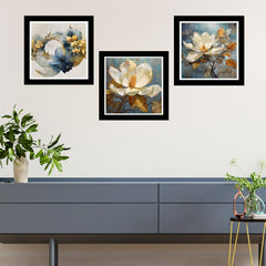 Set of 3 Golden Floral Theme Black Frame Art Print / Painting for Wall Decoration