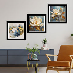 Set of 3 Golden Floral Theme Black Frame Art Print / Painting for Wall Decoration