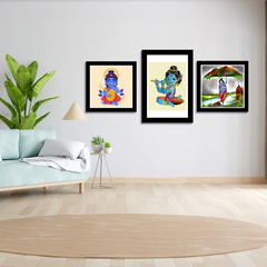 Bal Krishna with Flute Religious Art Frame Set of 3