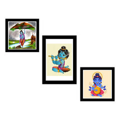 Bal Krishna with Flute Religious Art Frame Set of 3