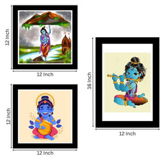 Bal Krishna with Flute Religious Art Frame Set of 3