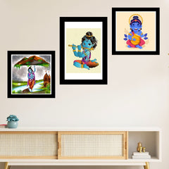 Bal Krishna with Flute Religious Art Frame Set of 3