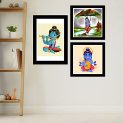 Bal Krishna with Flute Religious Art Frame Set of 3