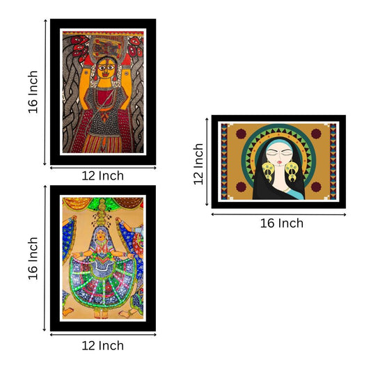 Madhubani Traditional Religious Art Print Black Frame Painting Set of 3