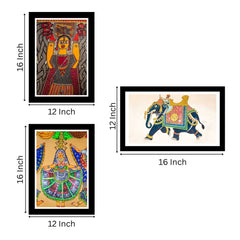 Madhubani Traditional Religious Art Print Black Frame Painting Set of 3