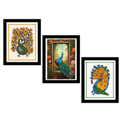 Beautiful Peacock Madhubani Framed Art Set of 3