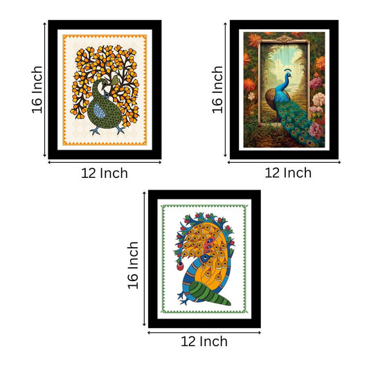 Beautiful Peacock Madhubani Framed Art Set of 3