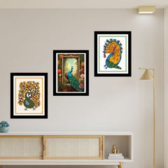 Beautiful Peacock Madhubani Framed Art Set of 3