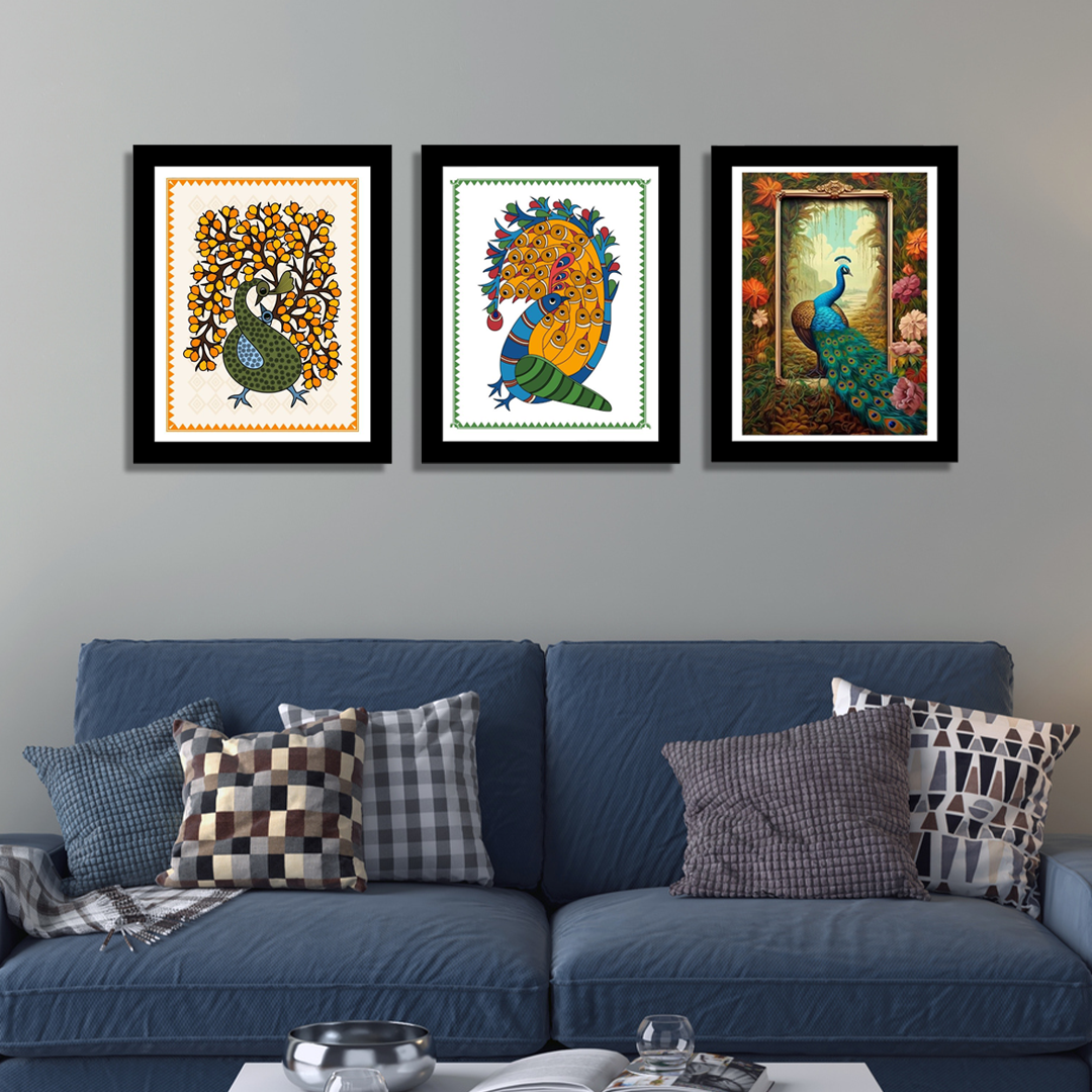 Beautiful Peacock Madhubani Framed Art Set of 3