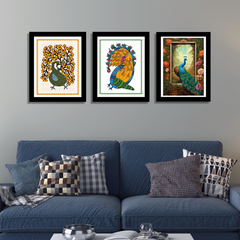 Beautiful Peacock Madhubani Framed Art Set of 3