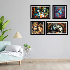 Radha Krishna Religious Framed Art Print Set of 4