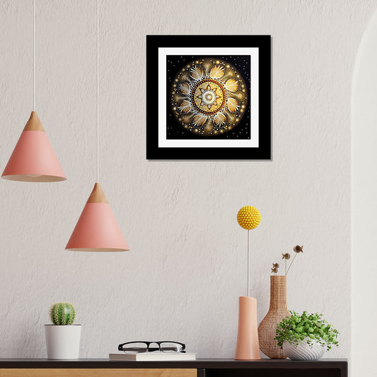 Beautiful Australian Aboriginal Artwork Gold White Mandala Art Design Framed Wall Painting for Bedroom, Living Room, Office, Home Decoration (12 x 12 Inch)