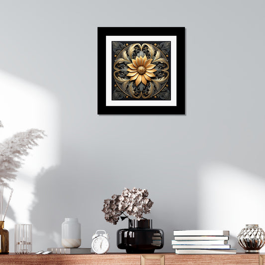 Golden Flower Mandala Art Wall Painting/Art Print/Poster Frame For Living Room, Bedroom, Office, Home Decoration Item / Black Frame for Wall Décor Size: 12 x 12 Inch