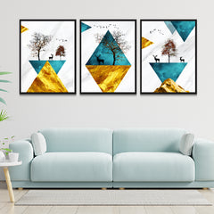 Turquoise Golden Triangle Shapes Deers Tree Frame Art Painting for Wall Décor