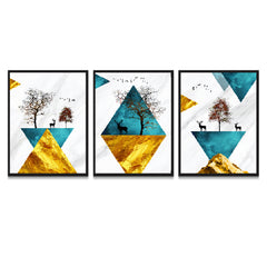 Turquoise Golden Triangle Shapes Deers Tree Frame Art Painting for Wall Décor