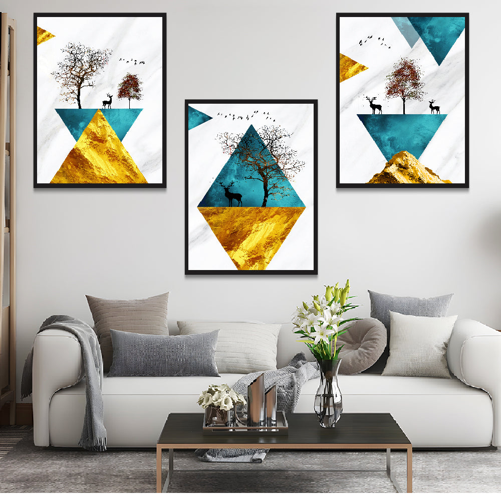 Turquoise Golden Triangle Shapes Deers Tree Frame Art Painting for Wall Décor