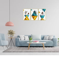 Turquoise Golden Triangle Shapes Deers Tree Frame Art Painting for Wall Décor