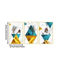 Turquoise Golden Triangle Shapes Deers Tree Frame Art Painting for Wall Décor