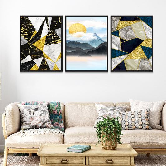 Blue Black Gray White Marble with Golden Sun Mountains Set of 3 Wall Decor Frame Painting