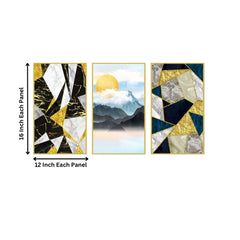 Blue Black Gray White Marble with Golden Sun Mountains Set of 3 Wall Decor Frame Painting