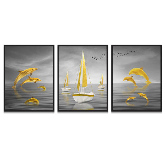 Creative Gold Sailboat Dolphin Abstract Art Print/Paintings for Home Décor